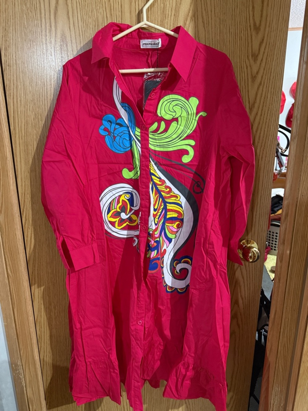 Fuchsia Button-Front Tunic Dress with Neon Swirl Print